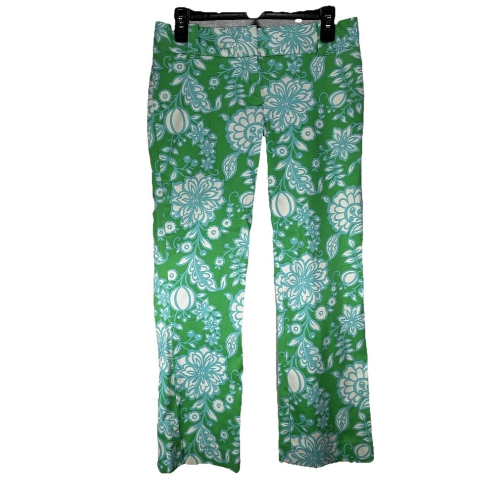 Women's Size 4 Green Floral Cotton Stretch Mid Rise Slimming Chino Pants Capri